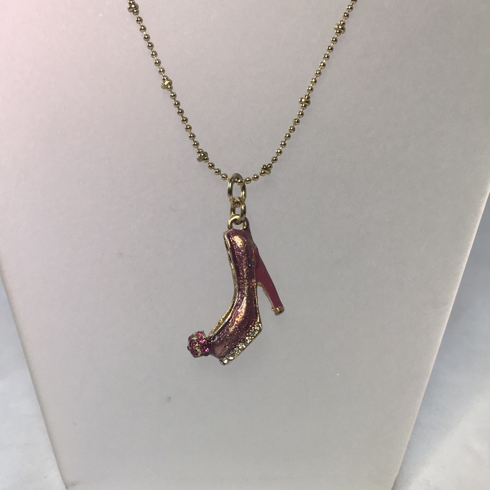 Betsey Johnson pink high heel crystal enamel  shoe pendant on gold ball chain.